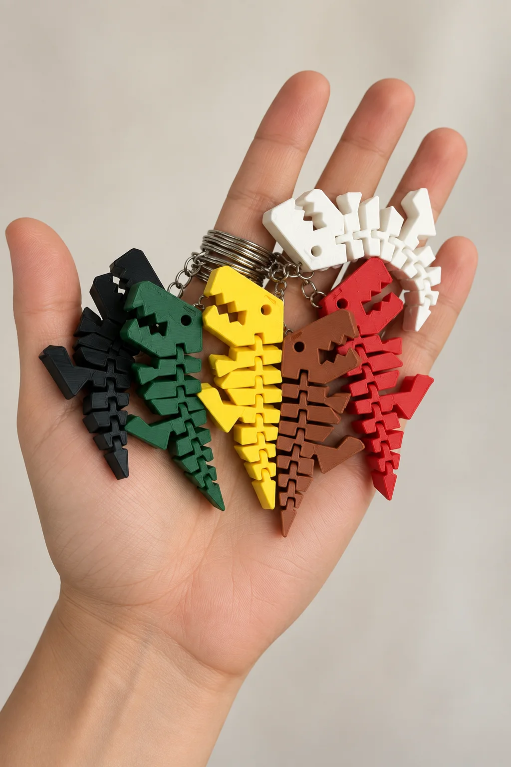 Chaveiros articulados coloridos produzidos em impressão 3D