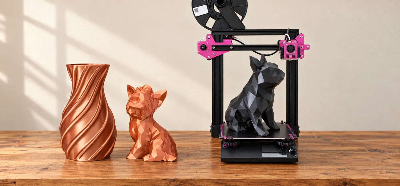 Peças da RYU ao lado da impressora 3D no ateliê